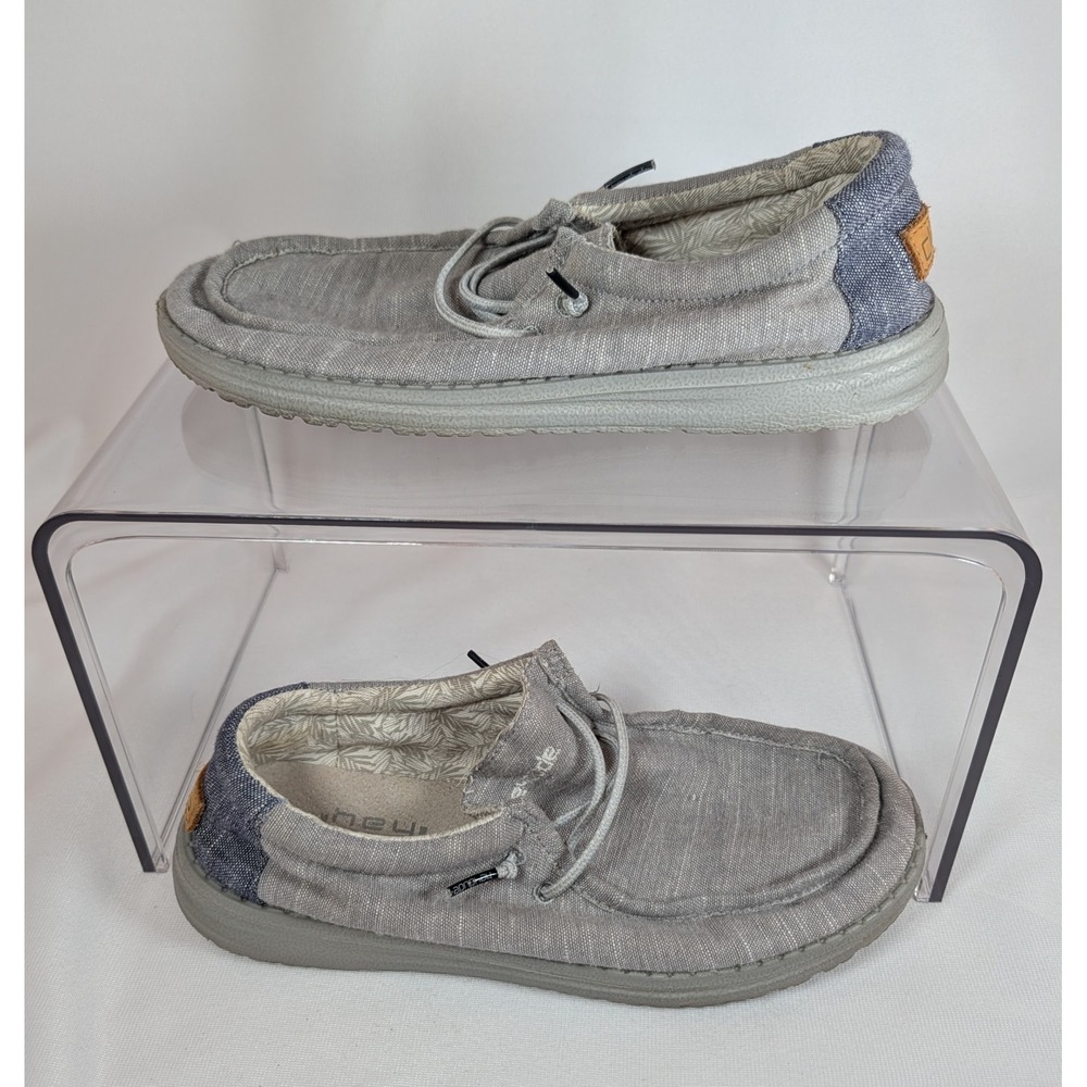Hey Dude Wally Youth Grey Blue Linen Slip On Loafers Shoes Kids Size 6